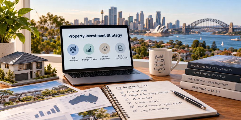 **Alt tag:** `Australian property investment strategy with Sydney skyline and investment planning workspace`